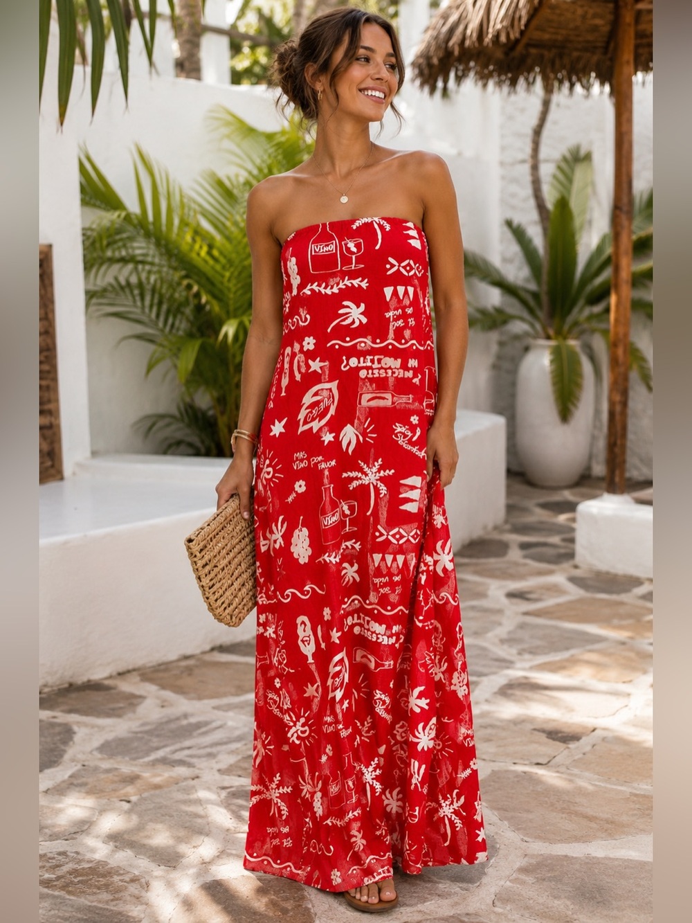 Paper Heart Strapless Red Tropical Wine Print Maxi Dress Sz L Resortwear Linen